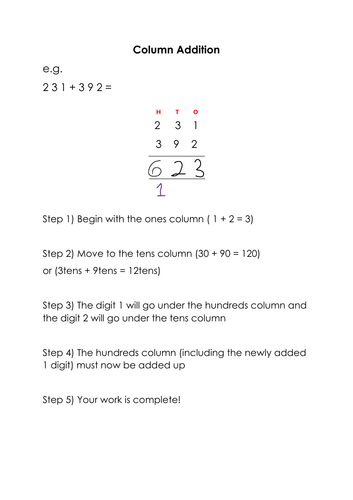 Column addition helpsheet