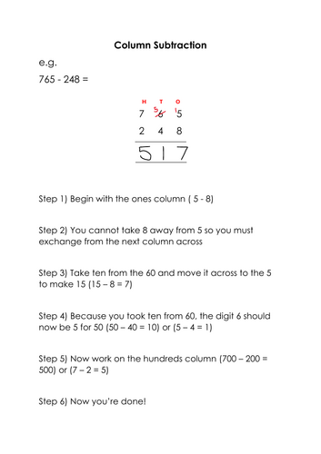 Column subtraction helpsheet
