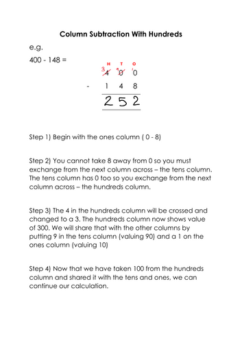 Column subtraction with hundreds helpsheet