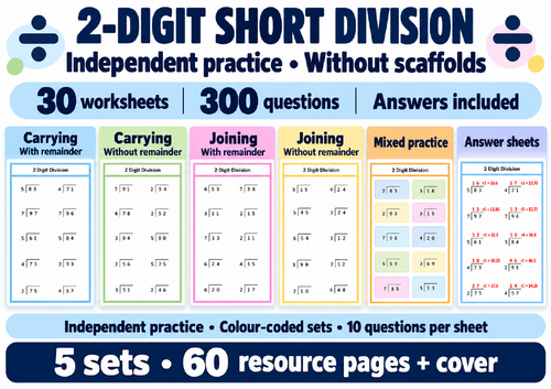 2 digit by 1 digit short division - Bus stop method - With and without remainders