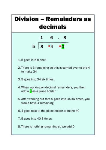 Dividing to get a decimal remainder - helpsheet