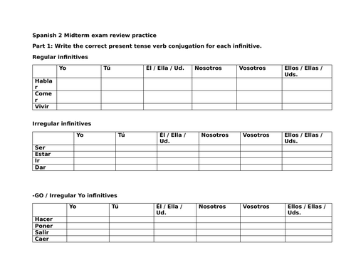 Spanish 2 Midterm exam review practice
