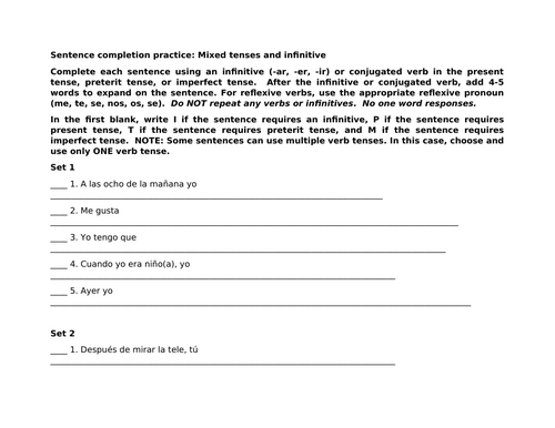 Sentence completion practice: Mixed tenses and infinitive (Spanish)