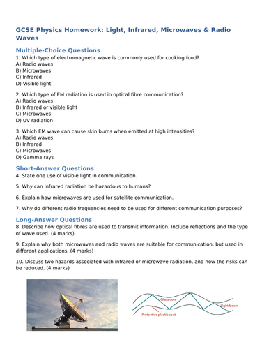 NEW (2016) AQA GCSE Physics - Light, Infrared and Microwaves Homework