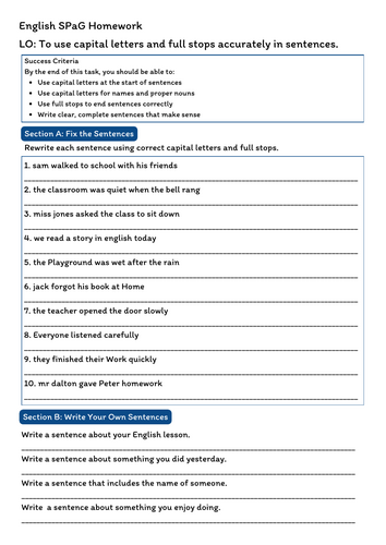 English SPaG Homework Bundle – Capital Letters, Commas in Lists & Sentence Types