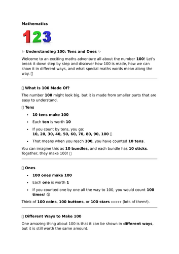 Understanding 100: Tens and Ones – Place Value and Equivalence