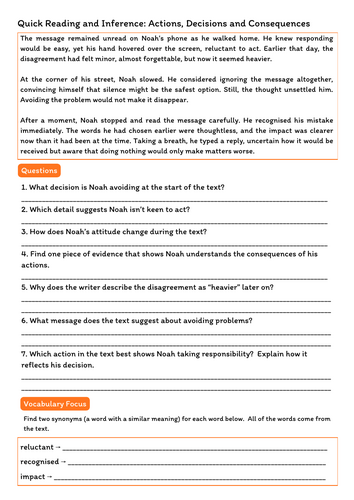 Year 9 Reading and Inference Bundle – Pre-GCSE Skills (Character, Setting & Decisions)