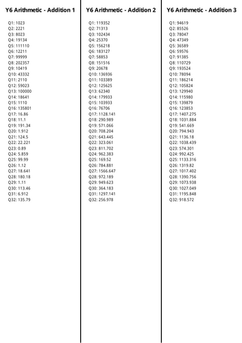 Y6 Arithmetic Papers - Addition Only