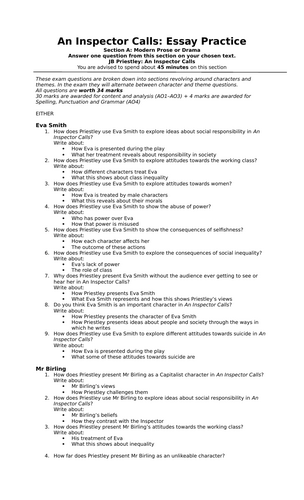 An Inspector Calls - Essay Question Bank