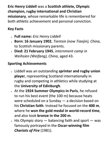 Eric Henry Liddell Handout