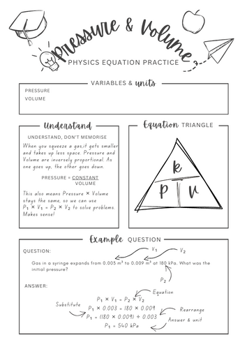 Pressure and Volume, Boyle's law - Physics equation worksheet