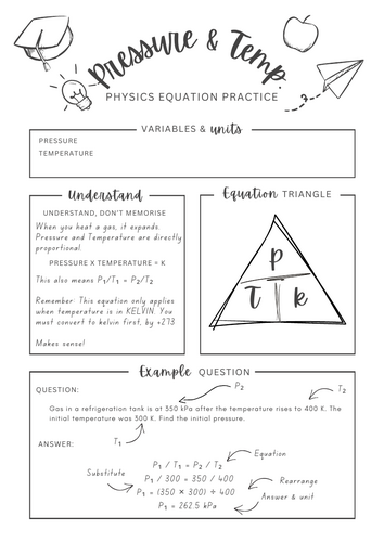 Pressure and Temperature, Charles law - Physics equation worksheet