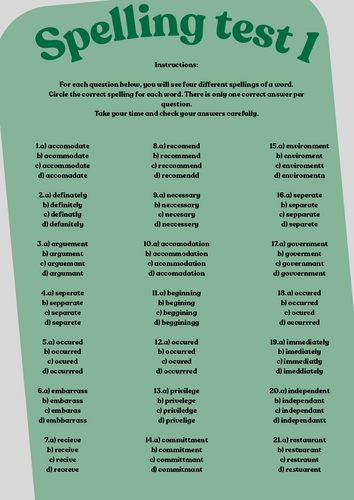 GCSE English Language Vocabulary – Multiple Choice Spelling Test