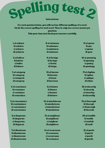 GCSE English Language Vocabulary – Multiple Choice Spelling Test