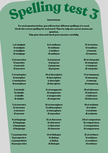 GCSE English Language Vocabulary – Multiple Choice Spelling Test