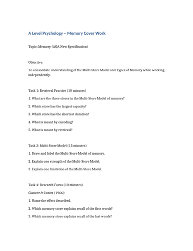 AQA A Level Psychology Memory Cover Work