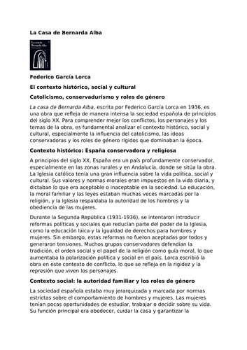 La casa de Bernarda Alba by Federico García Lorca – Context - Catholicism