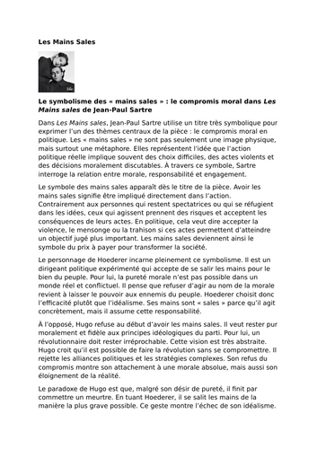 Les Mains sales by Jean-Paul Sartre – Symbolism – Dirty Hands as Moral Compromise