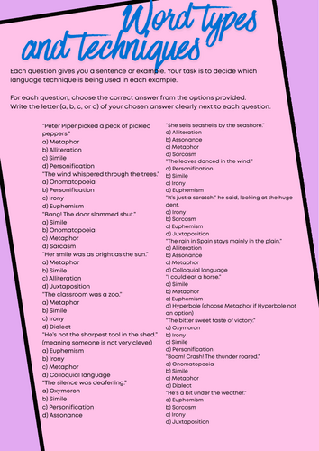 Word Types and Language Techniques Multiple Choice Quiz