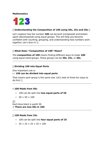 Composition of 100 in 50s, 25s and 20s – Building and Breaking Numbers
