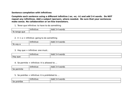 Sentence completion with infinitives (Spanish)
