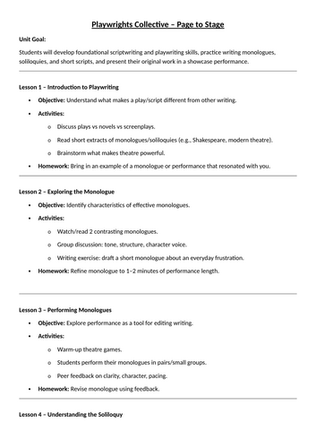 Scriptwriting and Playwrighting SOW
