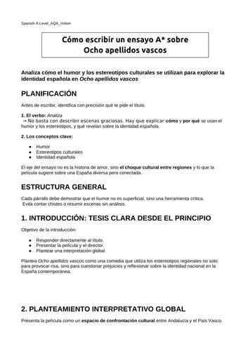 Spanish A Ocho apellidos vascos: level A* essay plan example practice