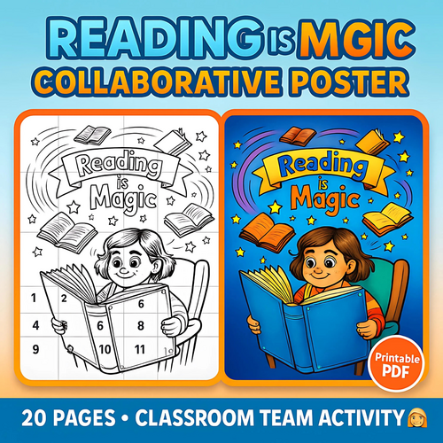 Reading is Magic Collaborative Coloring Poster: Literacy Week Team Activity (PDF Printable)