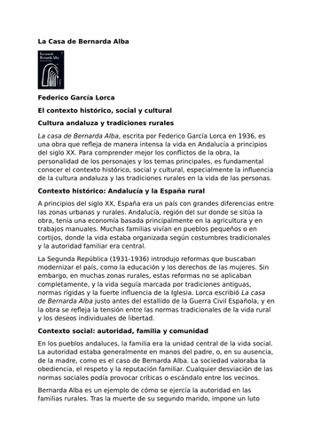 La Casa de Bernarda Alba by Federico García Lorca – Context - Culture