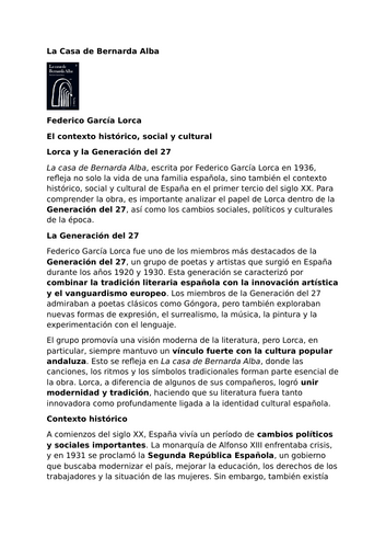 La Casa de Bernarda Alba by Federico García Lorca – Context - Generation of 27