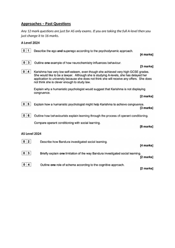 AQA A Level Psychology NEW SPEC - Approaches Exam Question Booklet