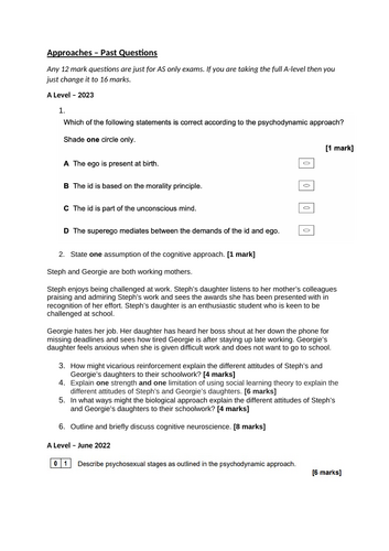 AQA A Level Psychology - Approaches Past Paper Questions | Teaching ...