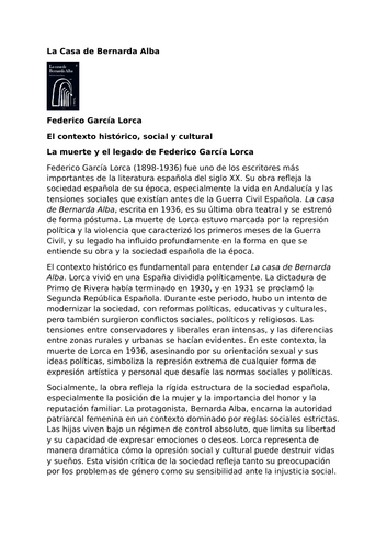 La casa de Bernarda Alba by Federico García Lorca - Context - Legacy