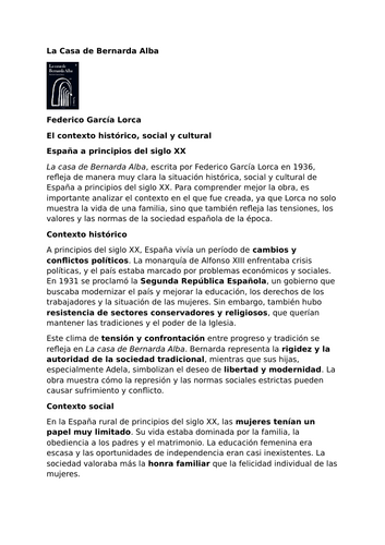 La casa de Bernarda Alba by Federico García Lorca - Context - Early 20th-Century Spain