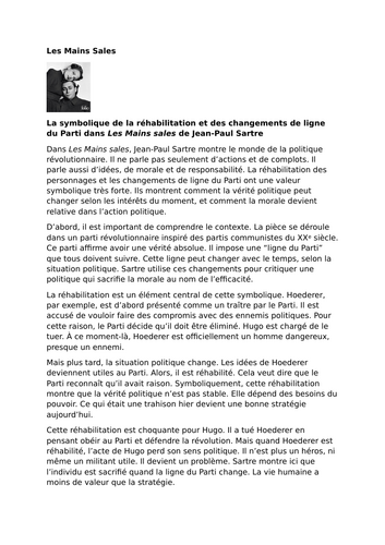 Les Mains sales by Jean-Paul Sartre – Symbolism of Rehabilitation and Changes in the Party Line