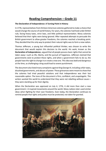 The Declaration of Independence: Reading Comprehension and Historical Significance