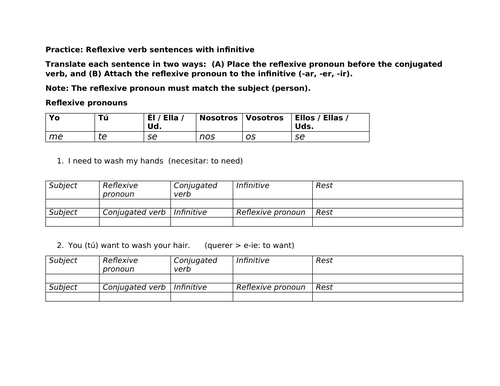 Reflexive verb sentences with infinitive practice