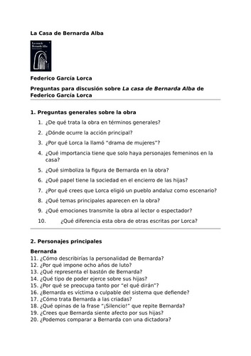 La casa de Bernarda Alba by Federico García Lorca – Discussion Questions