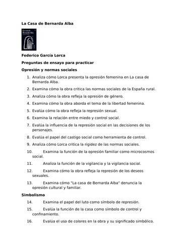 La casa de Bernarda Alba by Federico García Lorca – Essay Questions