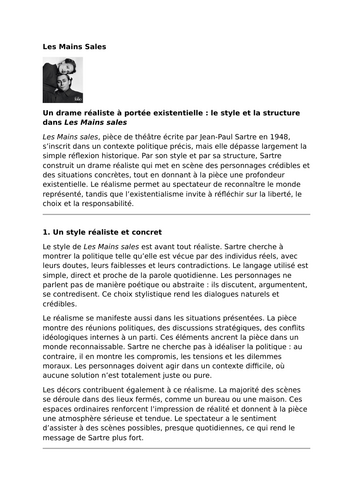 Les Mains sales by Jean-Paul Sartre – Style  - A Realistic Drama with Existential Depth