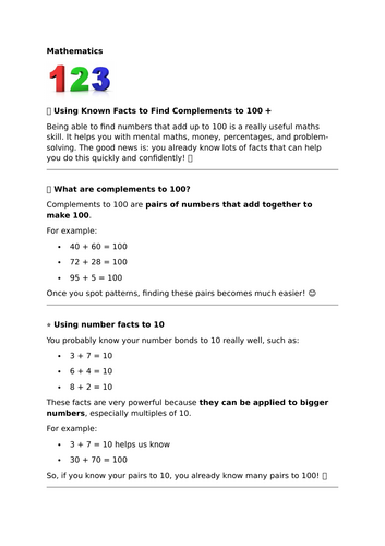 Using Known Facts to Find Complements to 100