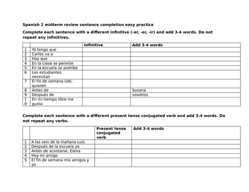 Spanish 2 midterm review sentence completion easy practice