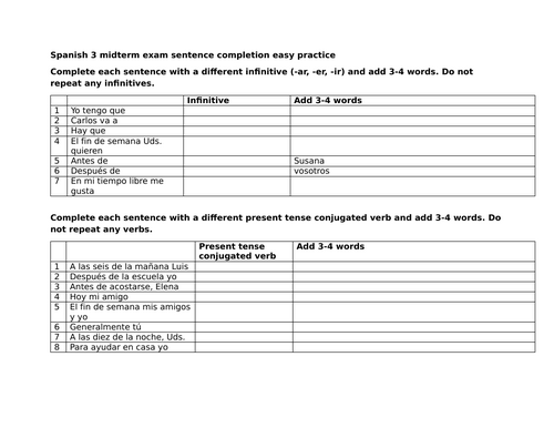 Spanish 3 midterm exam sentence completion easy practice