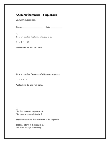 GCSE Maths – Sequences Worksheet
