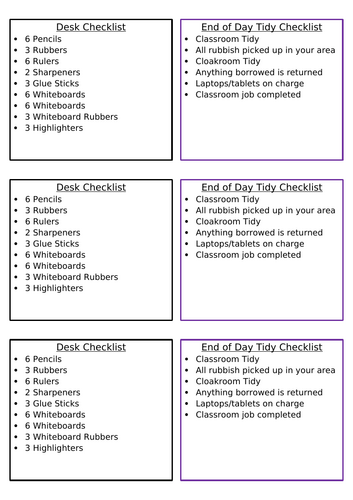Mini table checklists