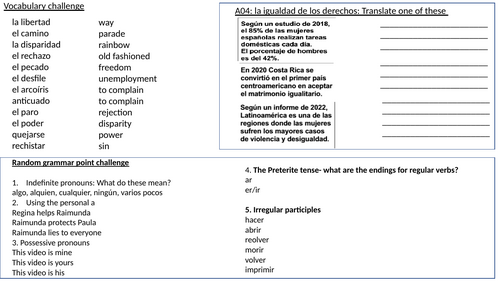 AQA Spanish A level Unit 3 La igualdad de los derechos starter activity