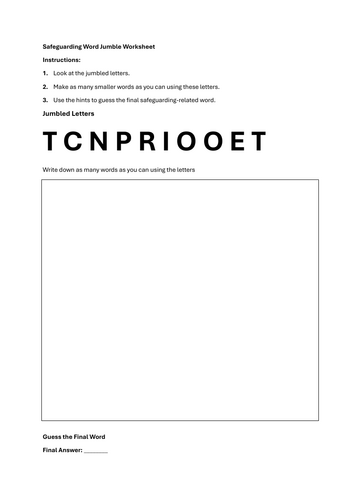 Safeguarding Word Jumble Worksheet