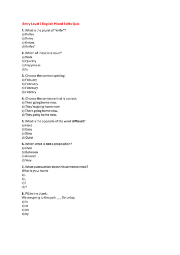 Entry 3 English Mixed Skills Quiz