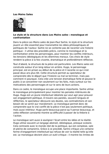 Les Mains sales by Jean-Paul Sartre – Style: Monologue and Confrontation