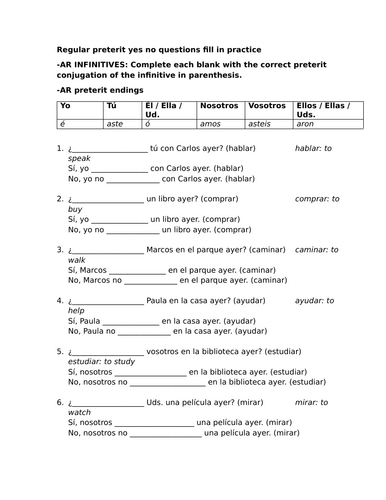 Regular preterit yes no questions fill in (Spanish)